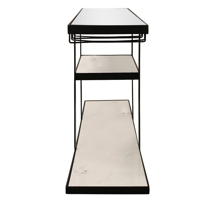Pemberly Row Cast Iron Bar Console with Marble Shelves and Glass Top in Black