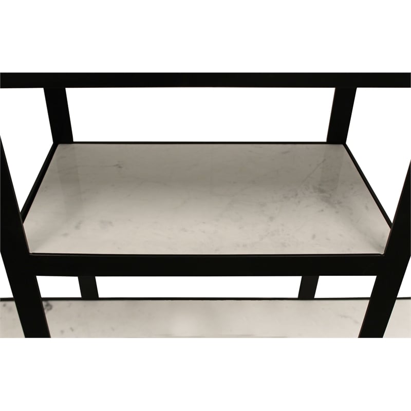 Pemberly Row Cast Iron Bar Console with Marble Shelves and Glass Top in Black