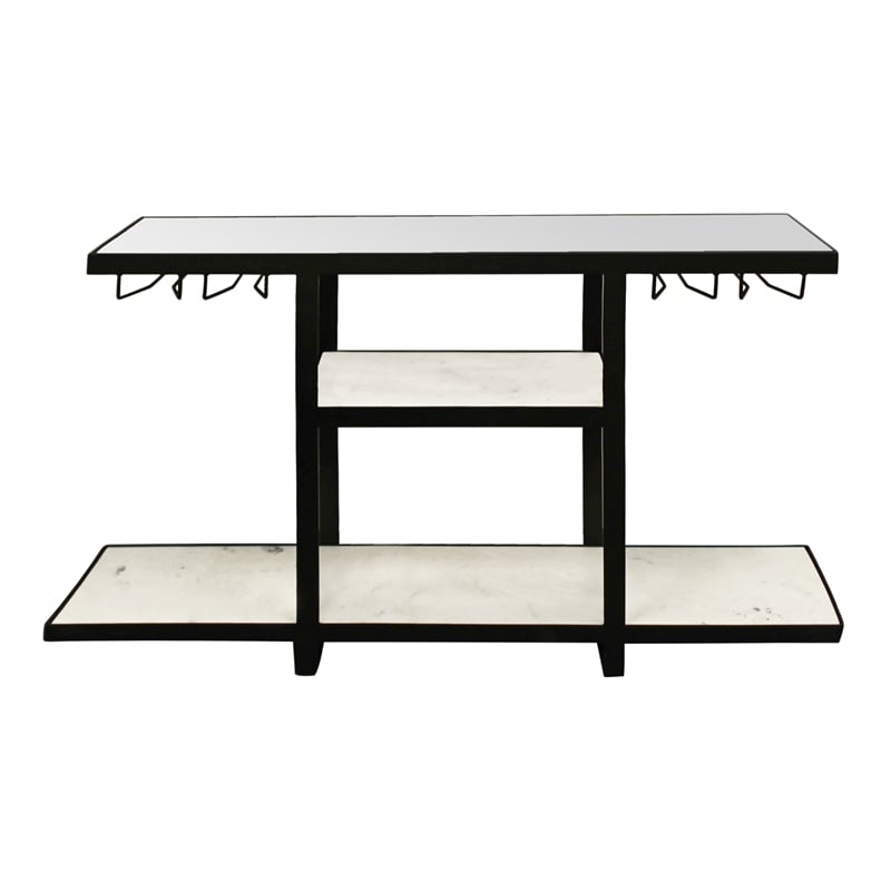 Pemberly Row Cast Iron Bar Console with Marble Shelves and Glass Top in Black
