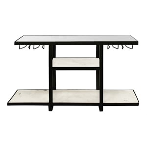 Pemberly Row Cast Iron Bar Console with Marble Shelves and Glass Top in Black