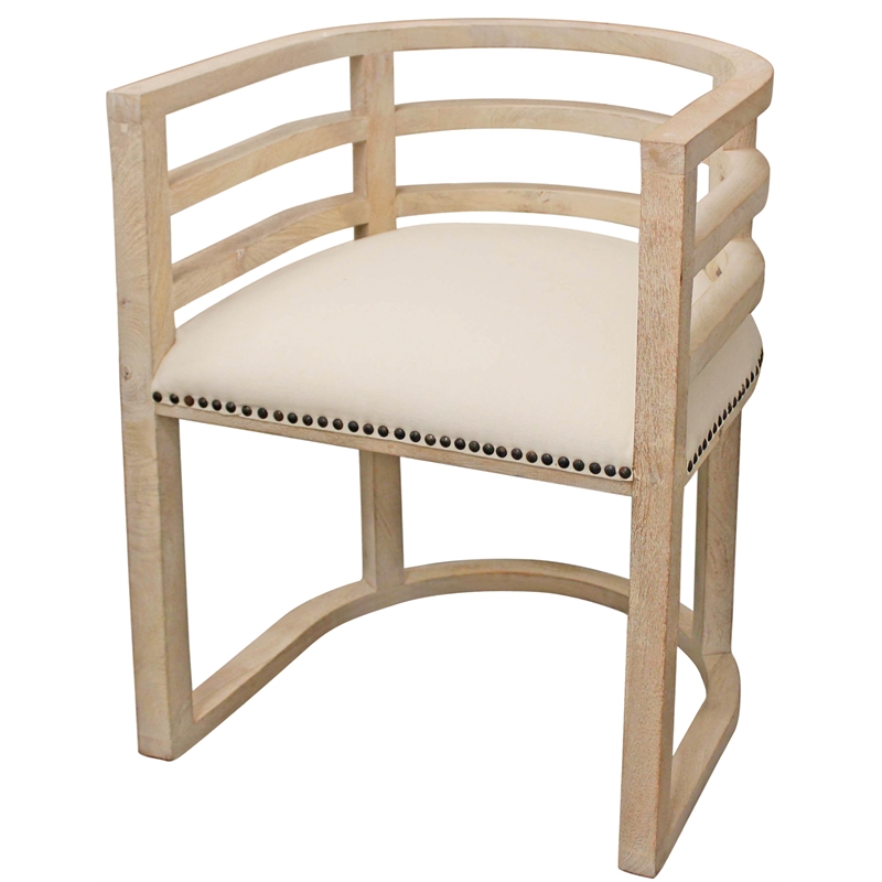 Pemberly Row Solid Wood Barrel Chair with Linen Fabric & Metal Accents - Natural