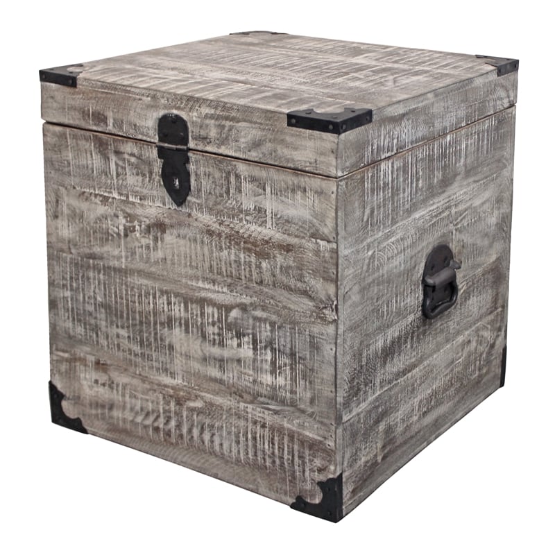 Pemberly Row Solid Mango Wood Trunk End Table with Storage in Gray