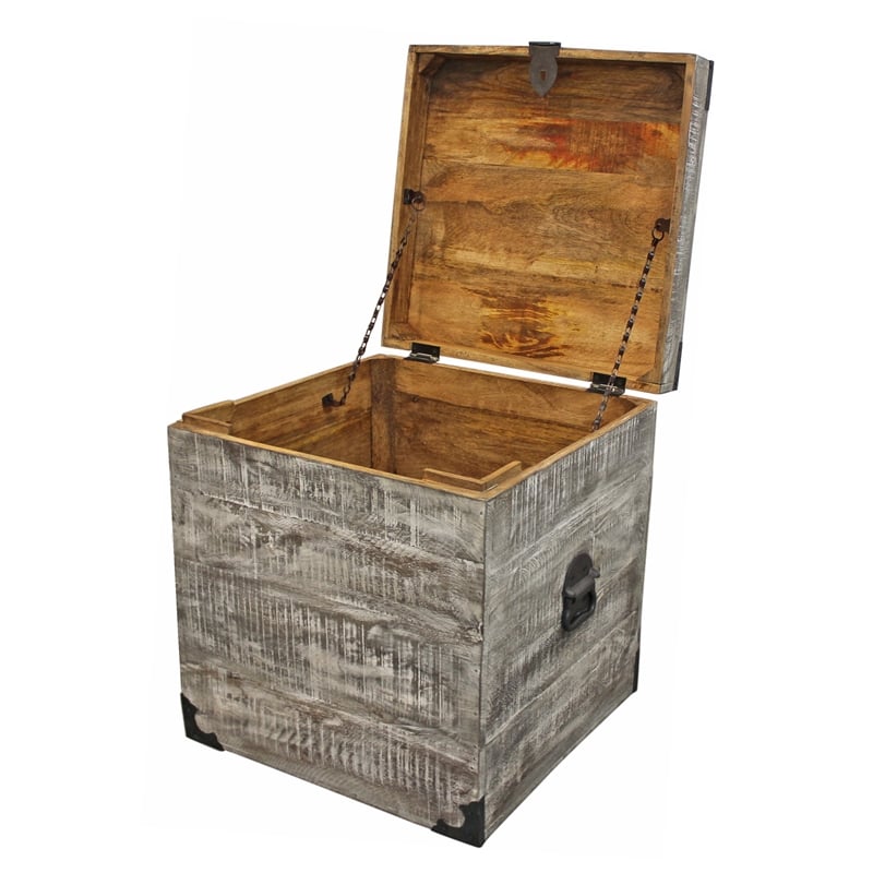 Pemberly Row Solid Mango Wood Trunk End Table with Storage in Gray