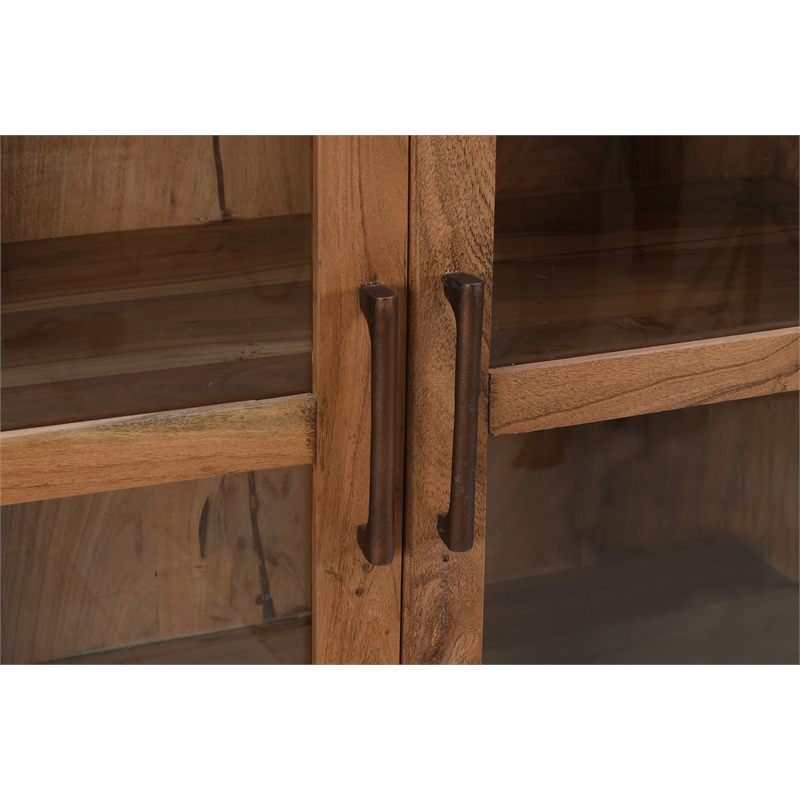 Pemberly Row Mango Wood Tall Cabinet with Glass Inserts and Sand-Blasted Finish