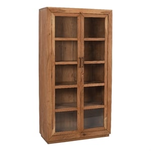 Pemberly Row Mango Wood Tall Cabinet with Glass Inserts and Sand-Blasted Finish