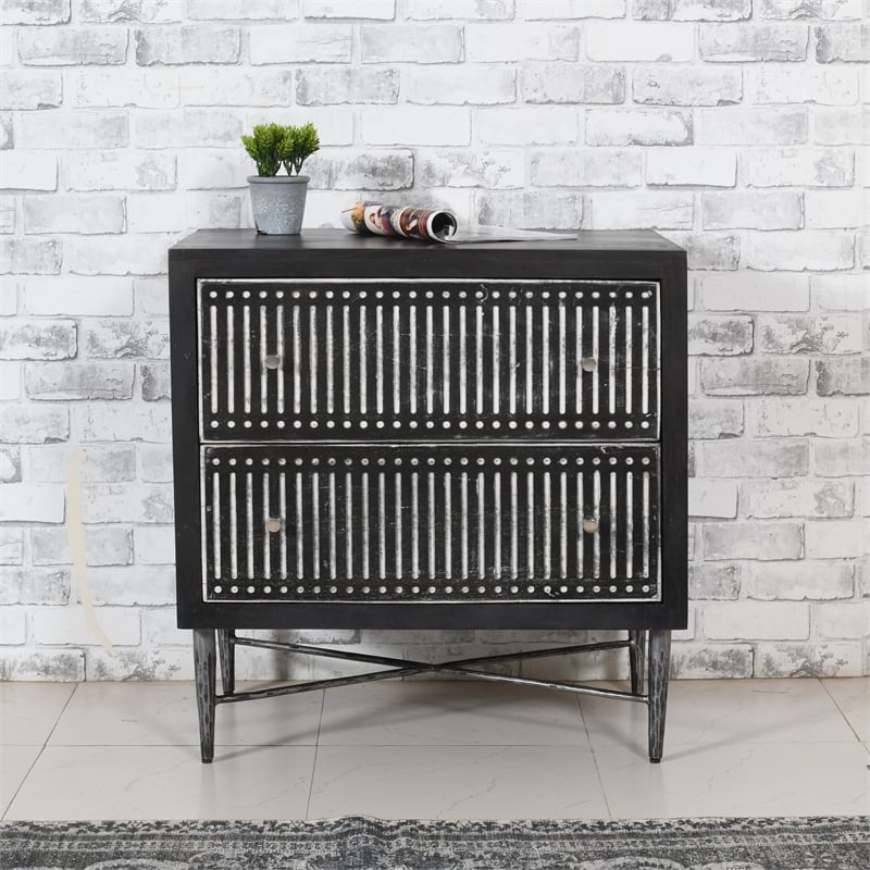 Pemberly Row Hand-Carved 2-Drawer Mango Wood Nightstand on Iron Base in Brown