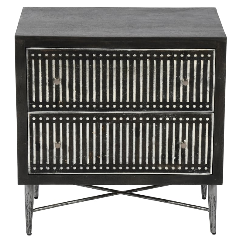 Pemberly Row Hand-Carved 2-Drawer Mango Wood Nightstand on Iron Base in Brown
