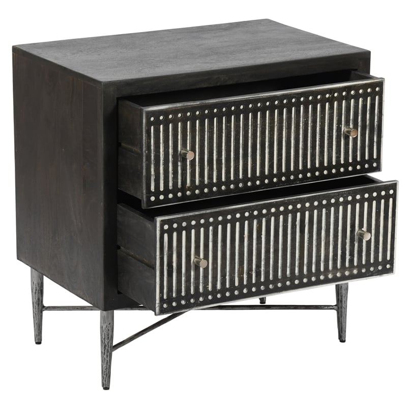 Pemberly Row Hand-Carved 2-Drawer Mango Wood Nightstand on Iron Base in Brown