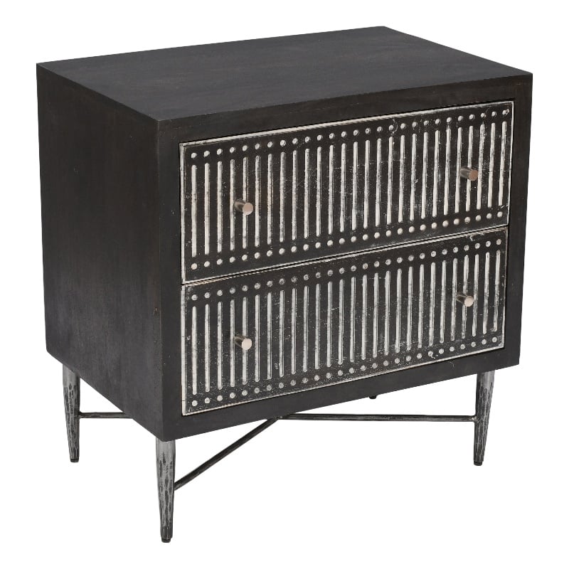 Pemberly Row Hand-Carved 2-Drawer Mango Wood Nightstand on Iron Base in Brown