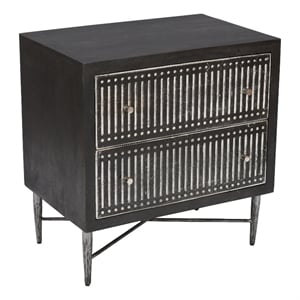 Pemberly Row Hand-Carved 2-Drawer Mango Wood Nightstand on Iron Base in Brown