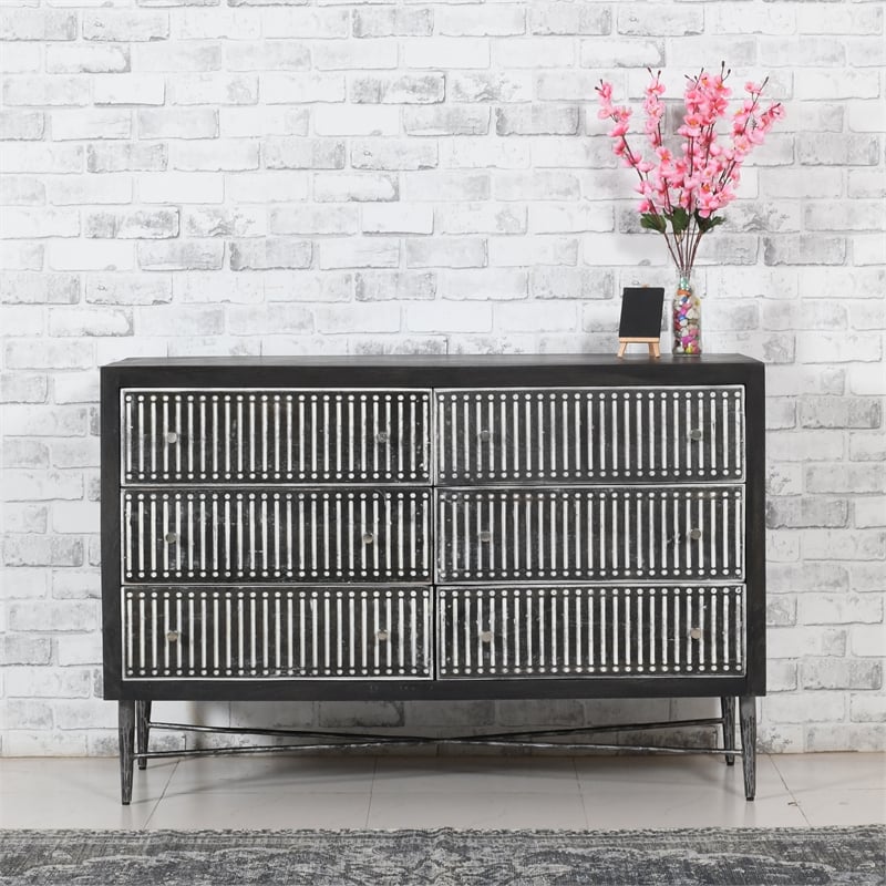 Pemberly Row Hand-Carved 6-Drawer Mango Wood Chest on Forged Iron in Brown