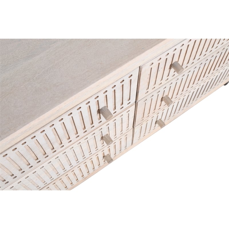 Pemberly Row Hand-Carved 6-Drawer Mango Wood Brushed Ivory Chest on Forged Iron
