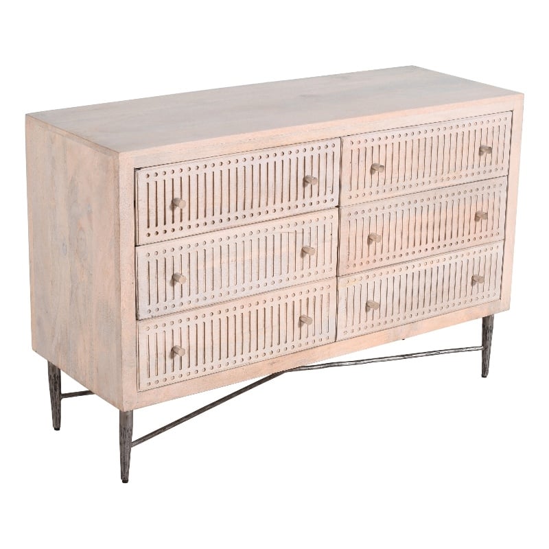 Pemberly Row Hand-Carved 6-Drawer Mango Wood Brushed Ivory Chest on Forged Iron