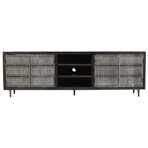 Pemberly Row Hand-Carved 4-Door Mango Wood Media Cabinet on Iron Base in Brown