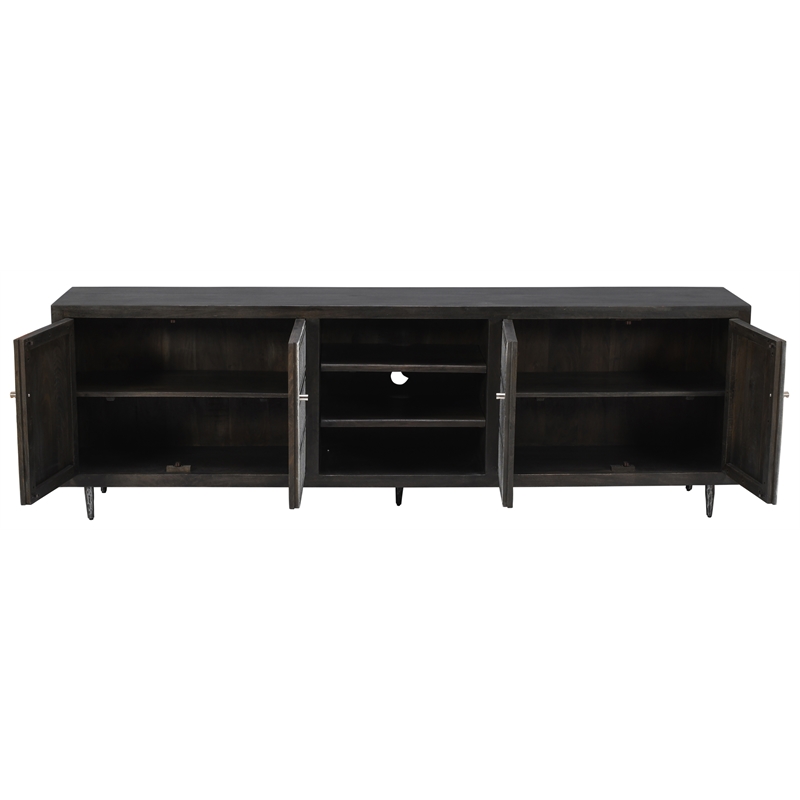 Pemberly Row Hand-Carved 4-Door Mango Wood Media Cabinet on Iron Base in Brown