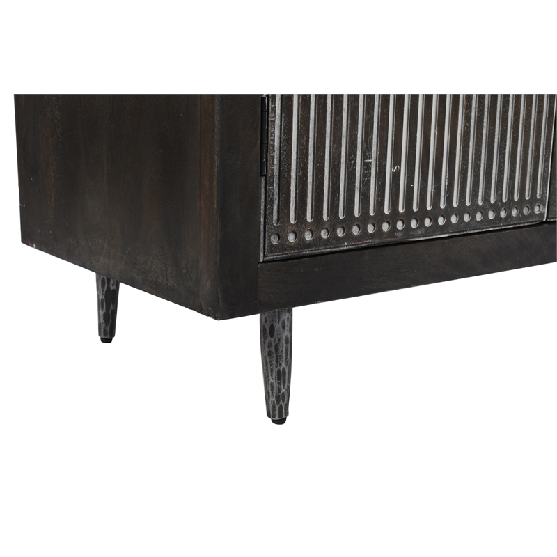 Pemberly Row Hand-Carved 4-Door Mango Wood Media Cabinet on Iron Base in Brown