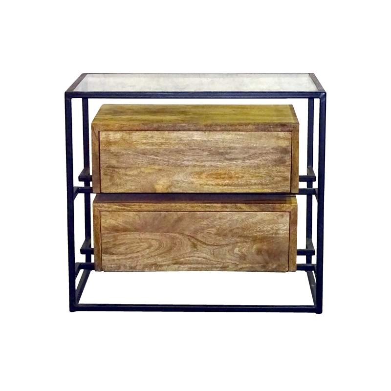 Pemberly Row Mango Wood 2-Drawer Natural Nightstand with Glass Top on Iron Frame