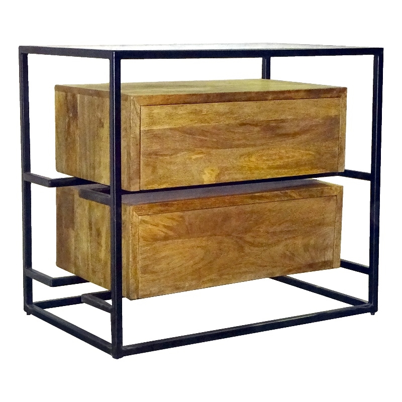 Pemberly Row Mango Wood 2-Drawer Natural Nightstand with Glass Top on Iron Frame
