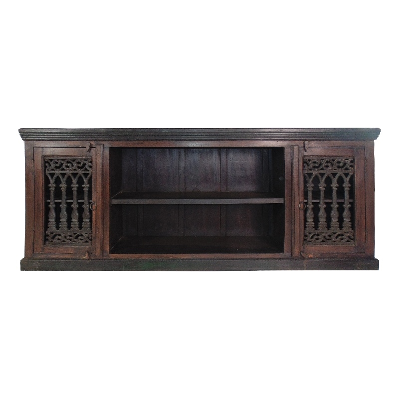 Pemberly Row 2-Door Mango Wood Plasma Cabinet with Iron Jali Doors in Dark Brown
