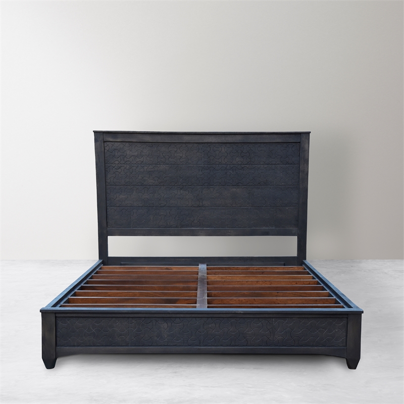 Pemberly Row Hand-Carved Mango Wood Gray Queen Platform Bed with High Headboard