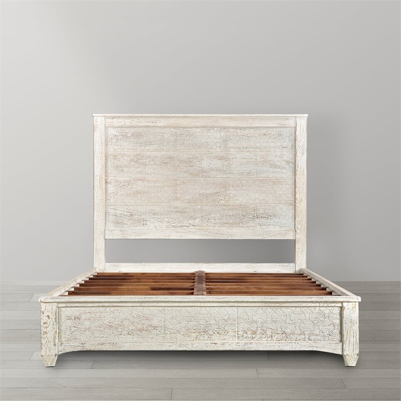 Pemberly Row Hand-Carved Mango Wood White King Platform Bed with High Headboard