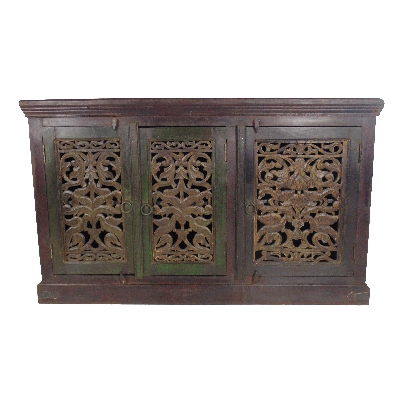 Pemberly Row 3-Door Hand-Carved Mango Wood Brown Sideboard with Interior Shelves