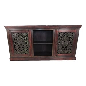 Pemberly Row 2-Door Hand-Carved Mango Wood Brown Plasma Cabinet w/ Open Shelves