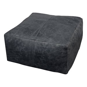 Pemberly Row 22&quot Genuine Leather Foam-Filled Black Pouf with Contrast Stitching