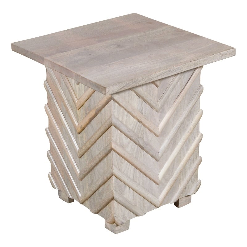 Pemberly Row Mango Solid Wood End Table with Zig-Zag Pattern in White Wash
