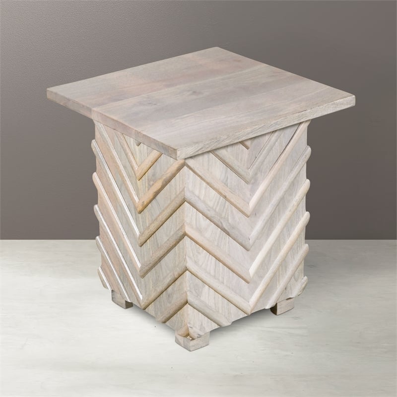 Pemberly Row Mango Solid Wood End Table with Zig-Zag Pattern in White Wash