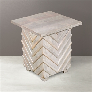 Pemberly Row Mango Solid Wood End Table with Zig-Zag Pattern in White Wash