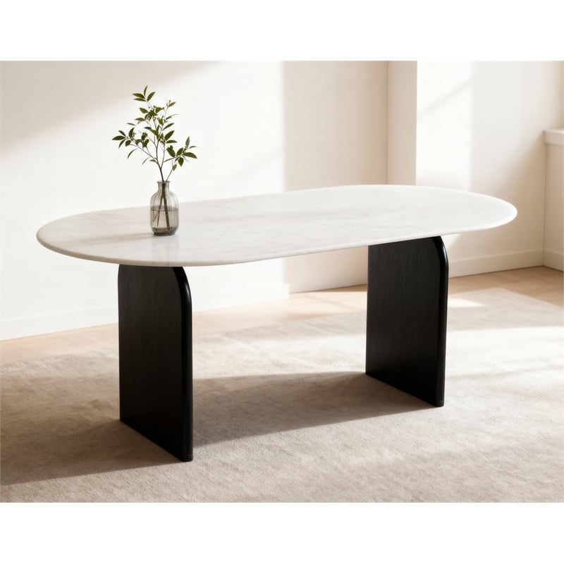Pemberly Row White Marble Top Oval Dining Table with Solid Wood Base