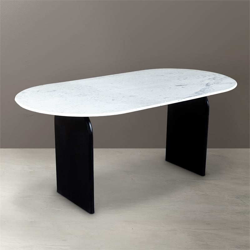 Pemberly Row White Marble Top Oval Dining Table with Solid Wood Base