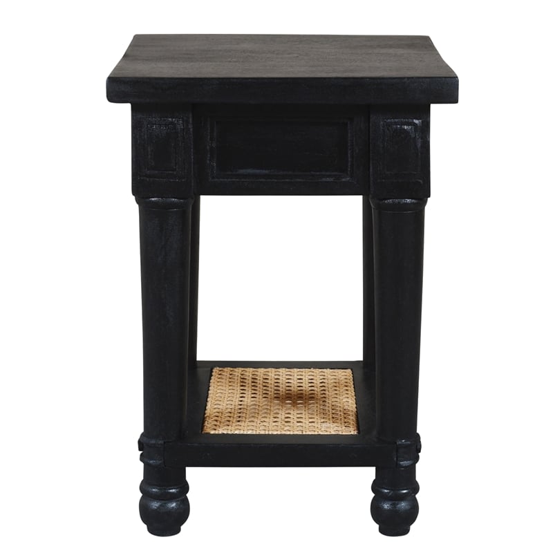 Pemberly Row Woven Cane Mango Wood End Table with 1 Shelf in Black