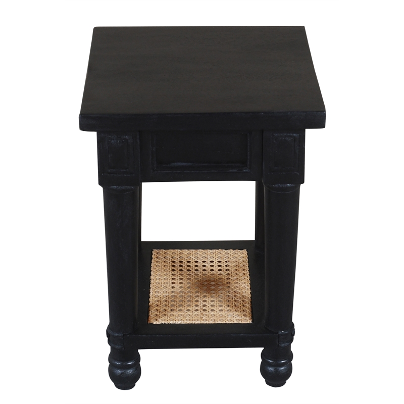 Pemberly Row Woven Cane Mango Wood End Table with 1 Shelf in Black
