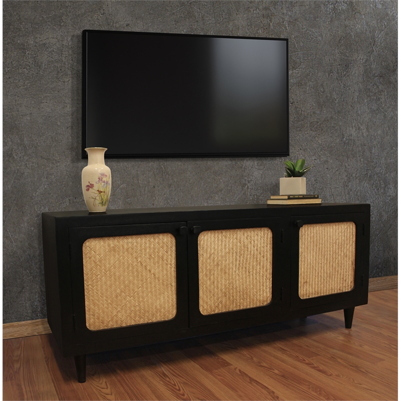 Pemberly Row 3 Woven Cane Door Mango Wood Plasma Stand in Black