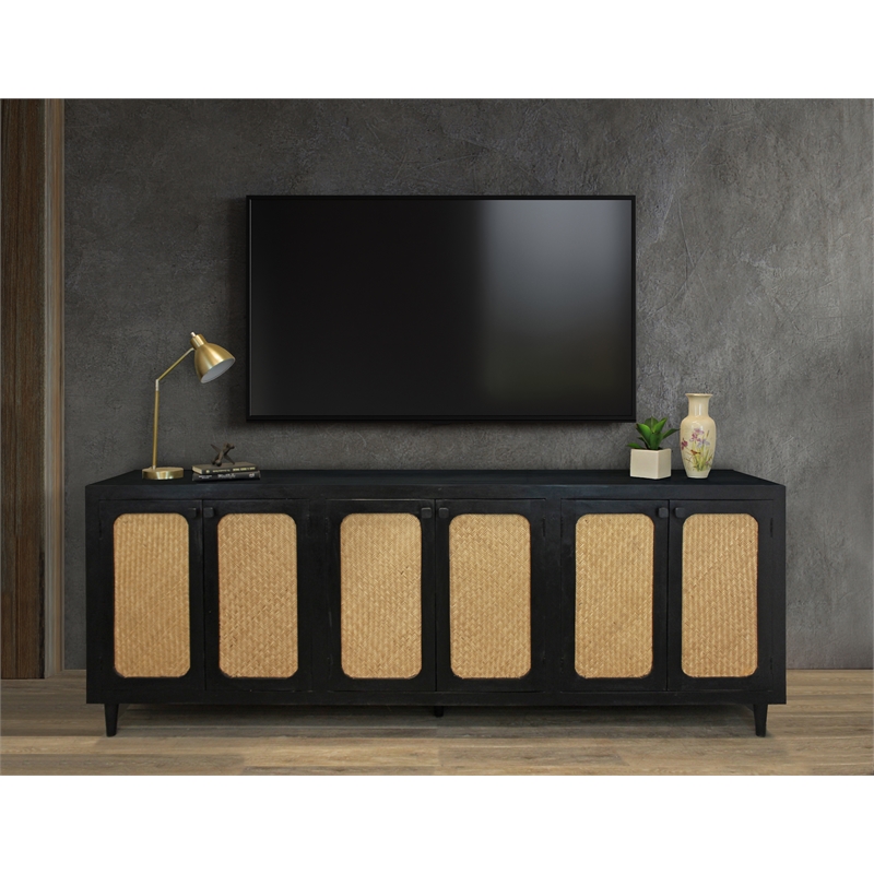 Pemberly Row 6 Woven Cane Door Mango Wood Sideboard in Black