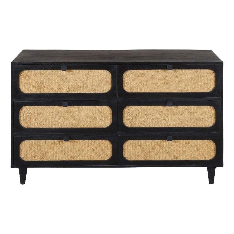 Pemberly Row 6 Woven Cane Drawer Mango Wood Dresser in Black
