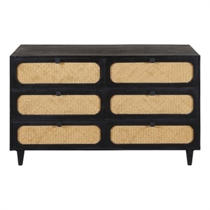 Pemberly Row 6 Woven Cane Drawer Mango Wood Dresser in Black