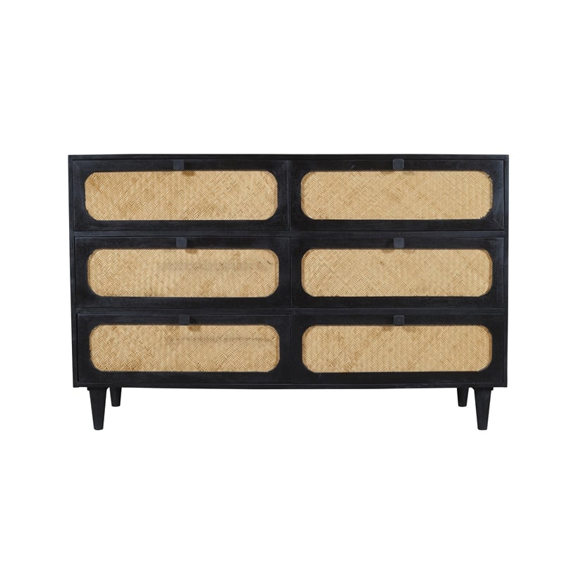 Pemberly Row 6 Woven Cane Drawer Mango Wood Dresser in Black
