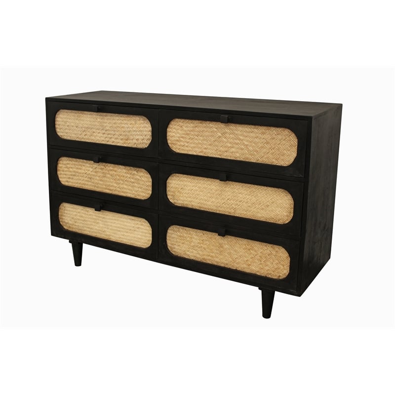 Pemberly Row 6 Woven Cane Drawer Mango Wood Dresser in Black