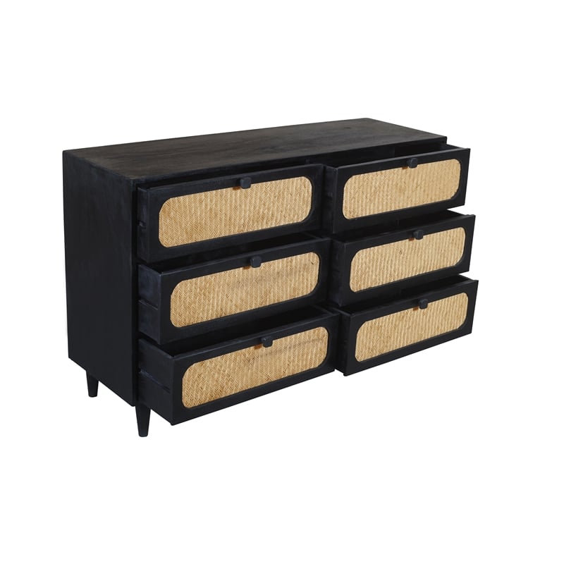 Pemberly Row 6 Woven Cane Drawer Mango Wood Dresser in Black