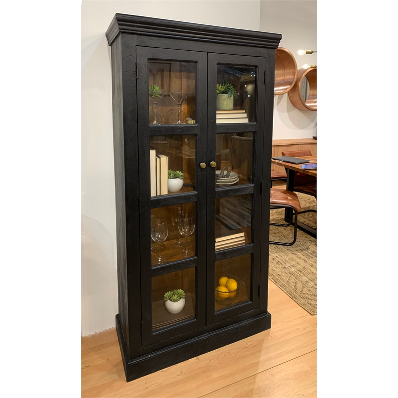 Pemberly Row 2-Door Mango Solid Wood Tall Glass Cabinet in Charcoal