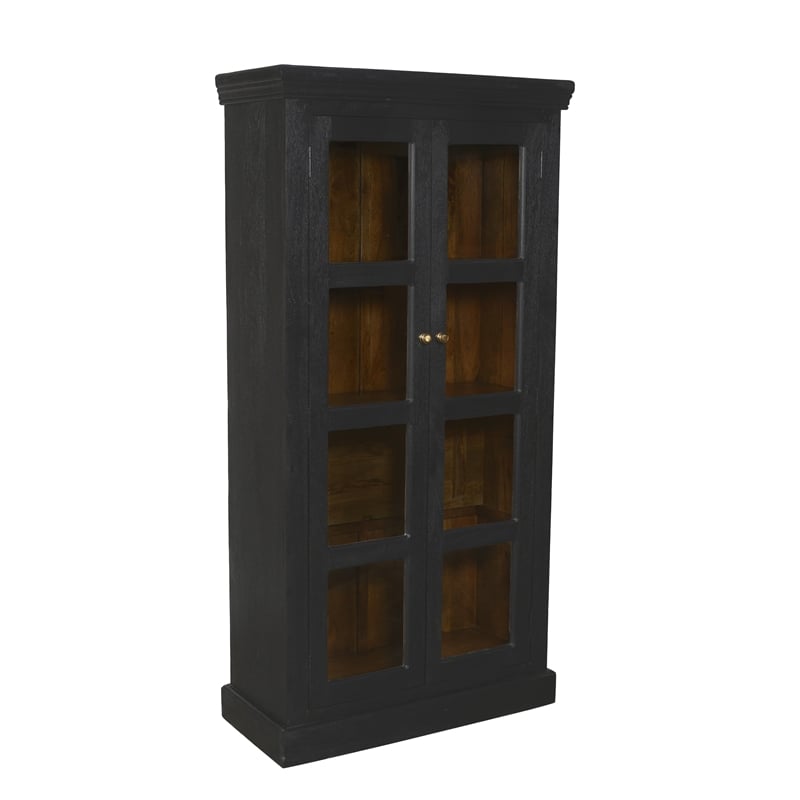 Pemberly Row 2-Door Mango Solid Wood Tall Glass Cabinet in Charcoal