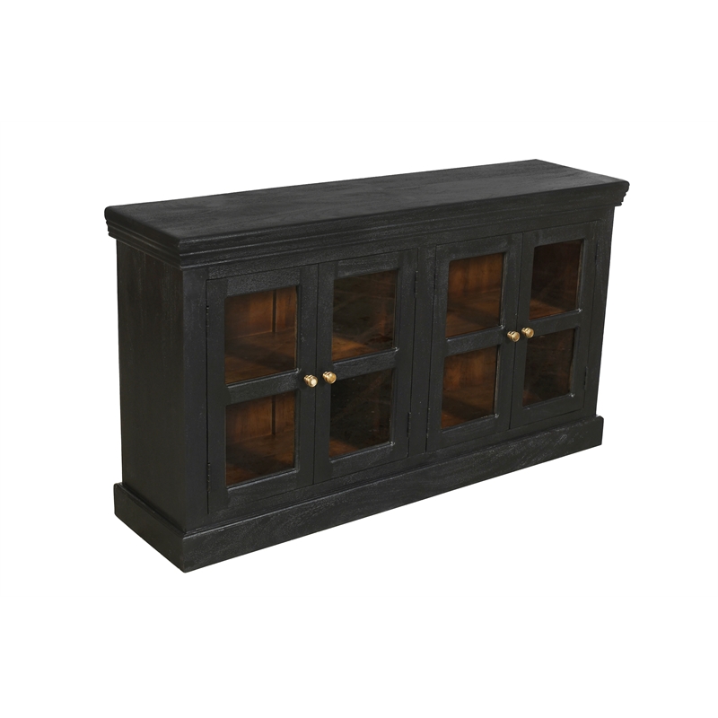 Pemberly Row 4-Door Mango Solid Wood & Glass Sideboard in Charcoal Gray