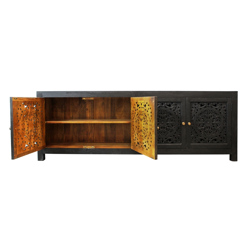 Pemberly Row 4-Door Solid Mango Wood Media Cabinet in Charcoal Grey