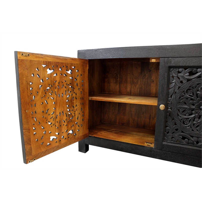 Pemberly Row 4-Door Solid Mango Wood Media Cabinet in Charcoal Grey