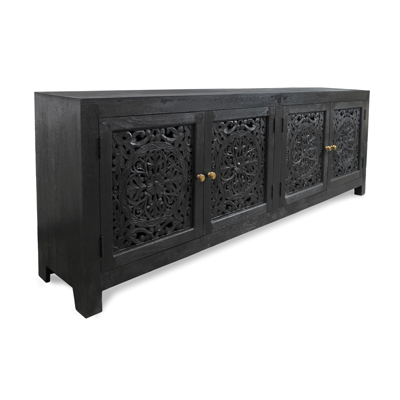 Pemberly Row 4-Door Solid Mango Wood Media Cabinet in Charcoal Grey