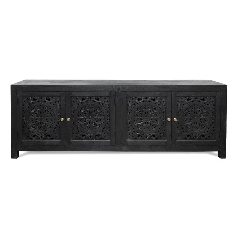 Pemberly Row 4-Door Solid Mango Wood Media Cabinet in Charcoal Grey
