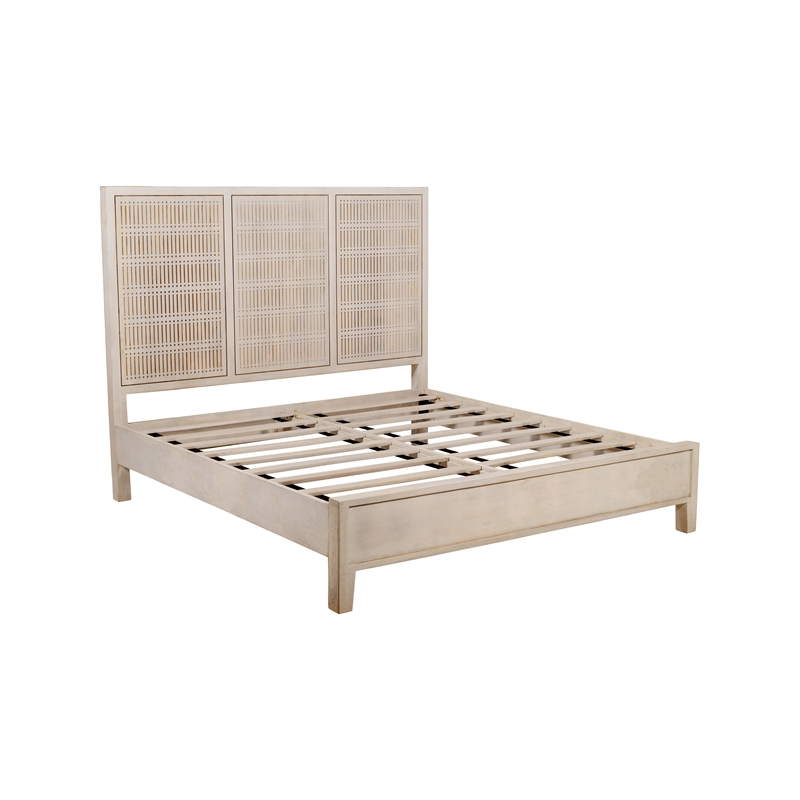 Pemberly Row Eastern King Solid Mango Wood Bed in Brushed Ivory Finish